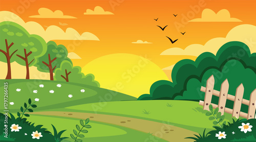 Sunset landscape with rolling hills and birds flying
