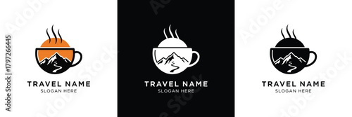 Three logo designs featuring coffee mugs with mountain motifs, perfect for travel brands or cafes. Clean and modern style.