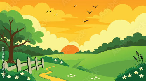 Sunset landscape with field, trees, and birds