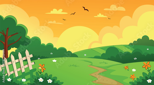 Countryside scene with a fence and blooming flowers