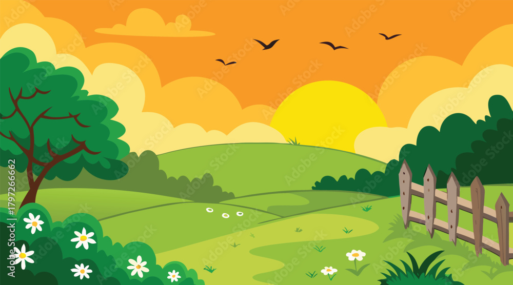 Fototapeta premium Sunset landscape with rolling hills and birds flying