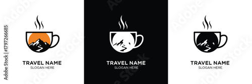 Three vintage-style travel mug logos with steam, featuring a placeholder for travel names, ideal for branding and business identity.