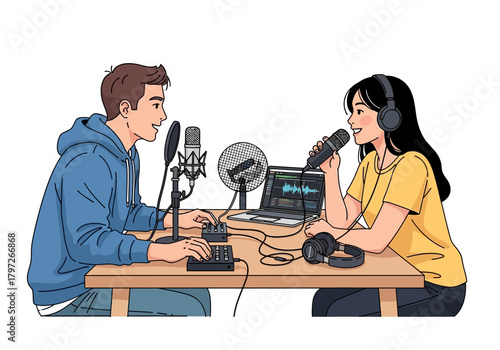 Podcast Recording Session: Two Hosts with Microphones and Audio Equipment