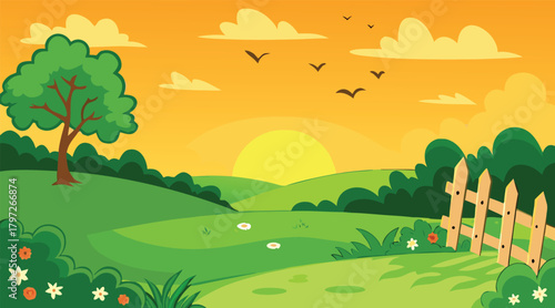 Green landscape with sunset, birds, and wooden fence