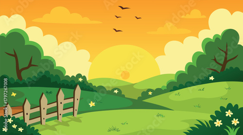 Rural landscape with sunset, fields, and birds