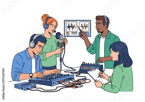 Podcast Recording Session with Four People Using Microphone and Sound Mixer