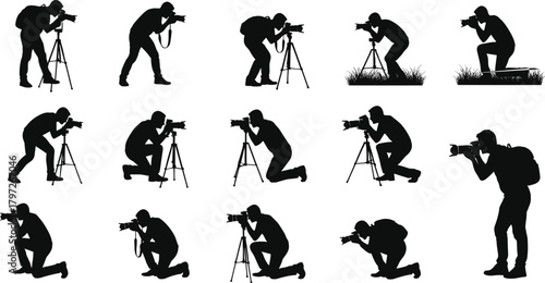 photographer, camera, silhouette, tripod, stance, crouch, kneel, terrain, backpack, outdoor, capture, motion, angle, posture, gear