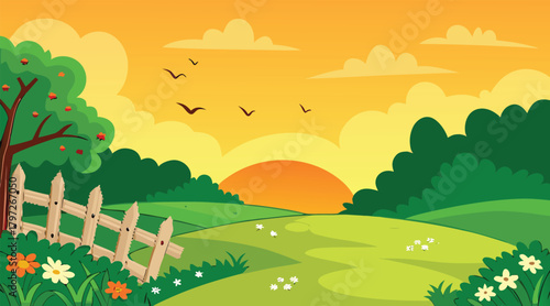 Sunset landscape with birds and a wooden fence