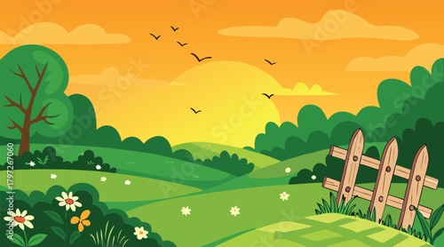 Sunset landscape with birds flying over green fields