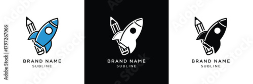 Three distinct vintage-style rocket logos with editable brand name placeholders, ideal for retro-themed business branding.