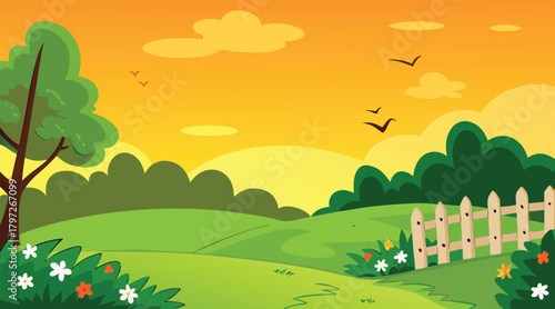 Sunny landscape with trees, clouds, and a white fence