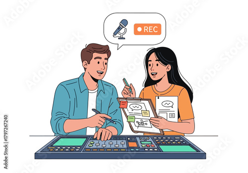 Podcast Recording Team: Man and Woman with Mixing Console and Clipboard