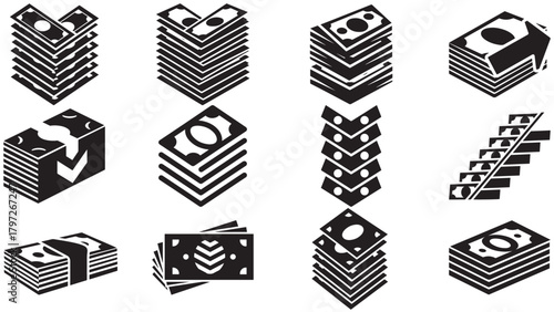 Chevron Stack of Bills Glyph — Layered Currency Icon Representing Cash Flow, Stacked Payments and Financial Stacking