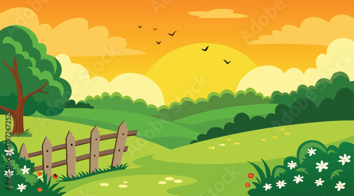 Sunset over rolling hills with birds flying