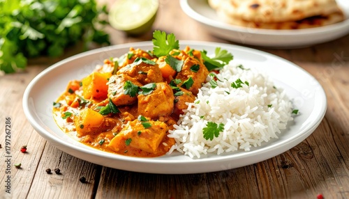 A close-up shot of a flavorful chicken curry served with fluffy white rice and a side of naan bread, presented on a rustic wooden surface.