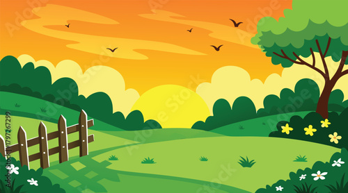 Sunset landscape with birds and a wooden fence