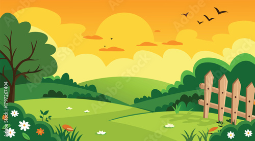 Sunny landscape with birds flying over green field