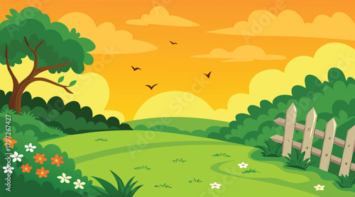 Pastoral landscape with sunset sky and wooden fence