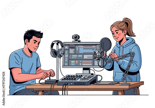 Podcasters at Work: Man and Woman Recording Audio with Microphone and Mixer