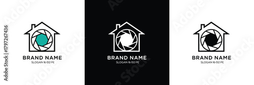 Three sleek logo designs featuring a house with circular accents, ideal for brand identity, in monochrome color schemes.