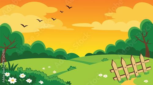 Green field landscape with birds and fence