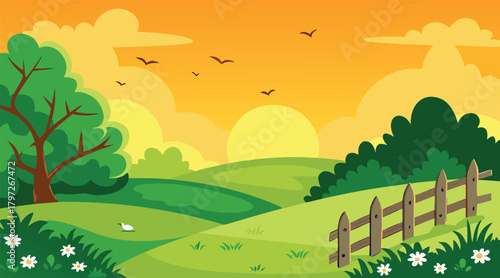 Sunset landscape with rolling hills and birds flying