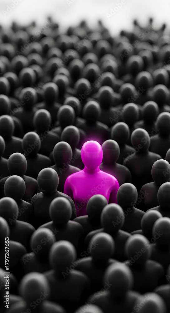 Obraz premium Mass of black human figures with one magenta individual standing out, symbolizing uniqueness, standing out, leadership, or individuality