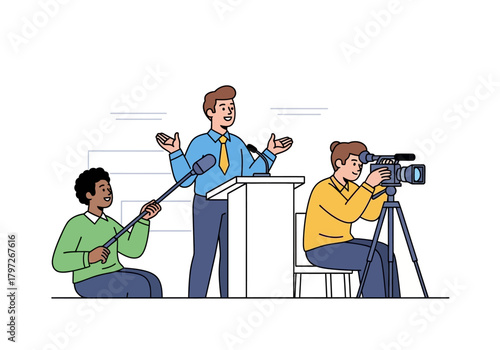 Speaker at Podium with Microphones, Cameraman and Sound Technician Illustration