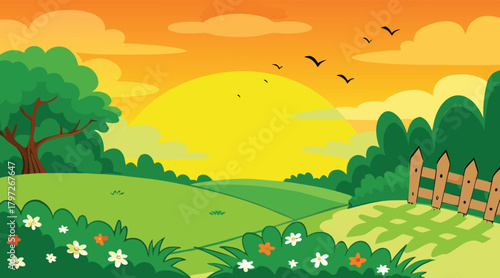 Sunny landscape with birds flying over green field