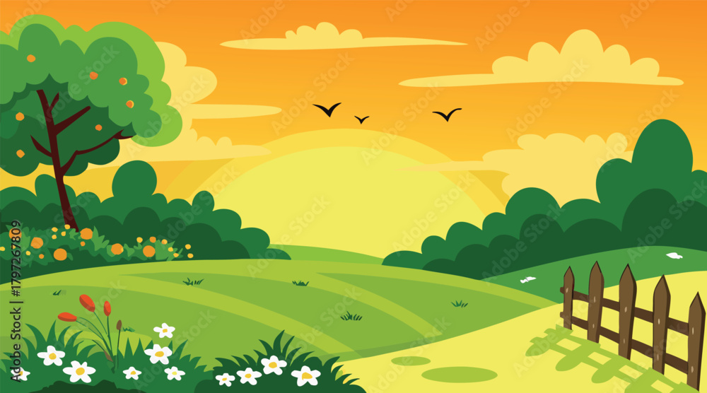 Fototapeta premium Rural landscape with sunset and birds flying