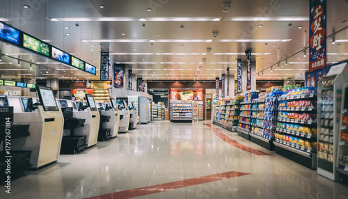 Modern convenience store with self checkout machines