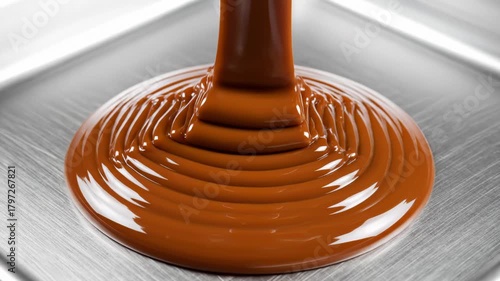 Stream of Rich Caramel Pours Onto Metal Surface in Close Up Shot