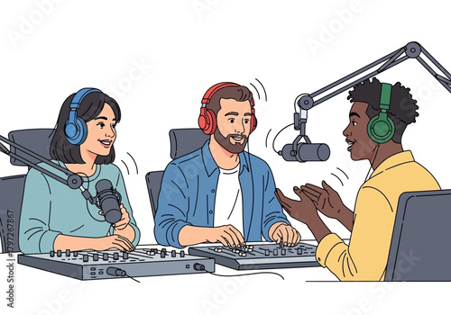 Three Diverse Podcasters Recording a Show with Microphones and Soundboards