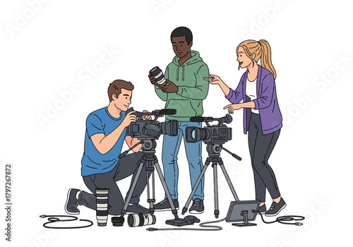 Three Diverse Media Students with Video Cameras and Lenses on Set