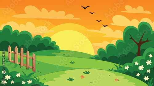 Sunset landscape with birds flying over green field