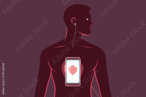 A hyperrealistic, intricately detailed anatomical human heart, externally visible, seamlessly replaced by a luminous, glowing smartphone screen displaying abstract digital patterns.