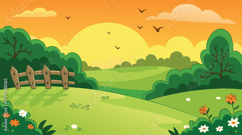 Pastoral landscape with sunset and birds flying