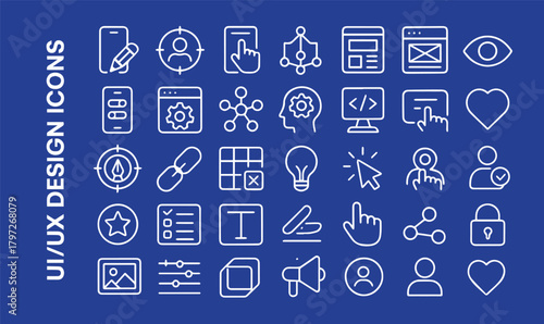 UI/UX Design Outline Icons Set. Web Development, User Experience, Interface Prototyping and Digital Workflow Vector Collection.
