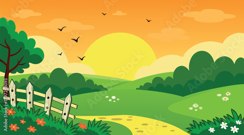 Sunset landscape with rolling hills and a wooden fence