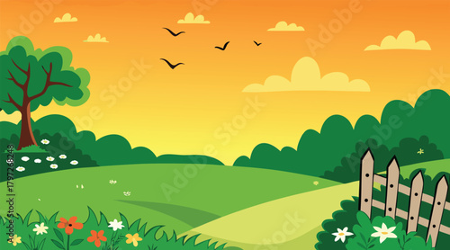 Sunset landscape with trees, clouds, and birds