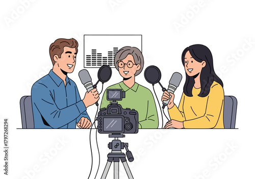 Three Smiling People Recording a Podcast with Microphones and Camera