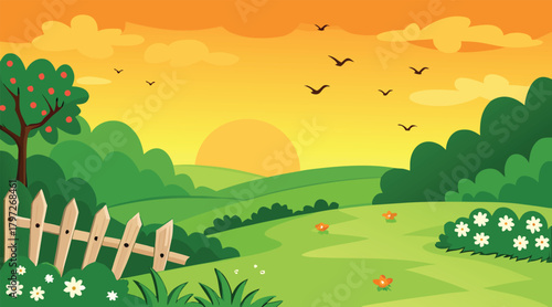 Sunset landscape with birds flying over green fields