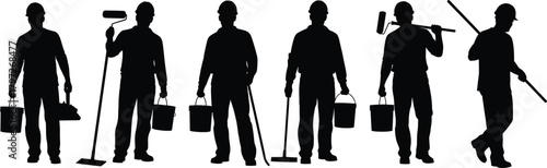 Worker silhouette, manual labor, cleaning tools, painting gear, black vector, mop pose, bucket carrier, roller tool, isolated figure, job icon