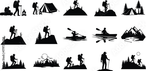 outdoor, hiking, camping, kayaking, nature, silhouette, adventure, tent, mountain, river, forest, backpack, campfire, travel, exploration