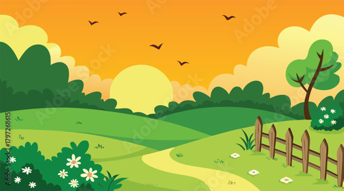 Rural landscape with sunset sky and a wooden fence