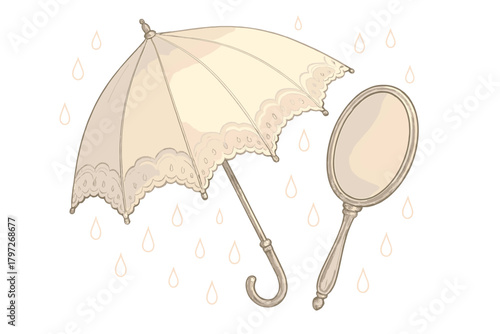 Vintage parasol and antique hand mirror with decorative lace trim and stylized raindrops