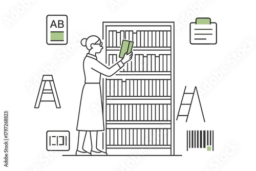 Woman selecting a book from a tall library bookshelf surrounded by educational and inventory symbols