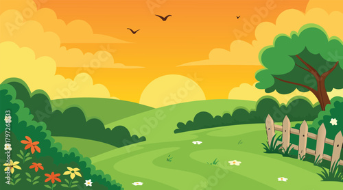 Sunset landscape with rolling hills and birds flying