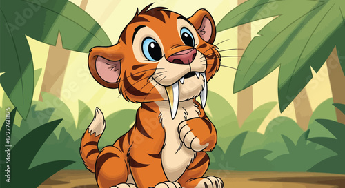 Charming cartoon saber-toothed tiger cub sitting in lush jungle, perfect for educational books, children's stories, or fun animal-themed designs instantly