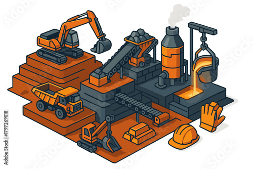 Industrial mining and smelting process with heavy machinery, conveyor belts, and molten metal pouring